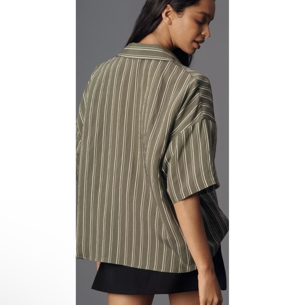 Anthropologie The Dylon Short Sleeve Wide Placket Blouse Green Stripe Large - Picture 3 of 15